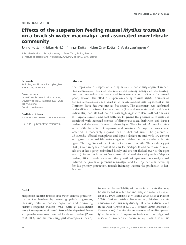 (PDF) Effects of the suspension feeding mussel Mytilus trossulus on a