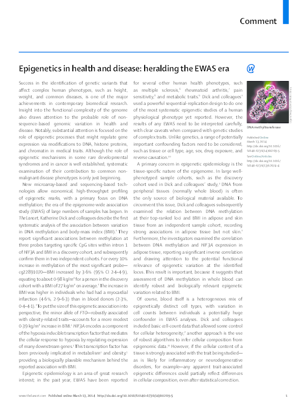 (PDF) Epigenetics in health and disease: heralding the EWAS era