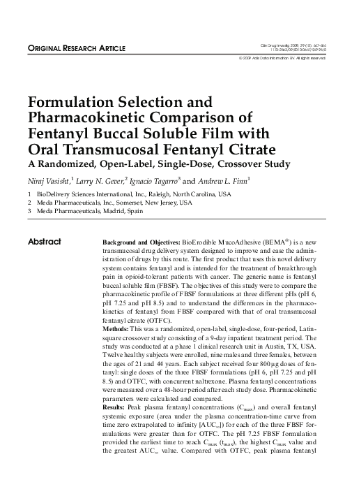 (PDF) Formulation Selection and Pharmacokinetic Comparison of Fentanyl ...
