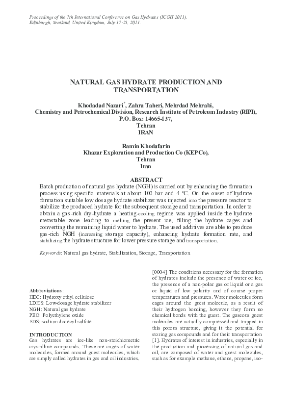 (PDF) NATURAL GAS HYDRATE PRODUCTION AND TRANSPORTATION