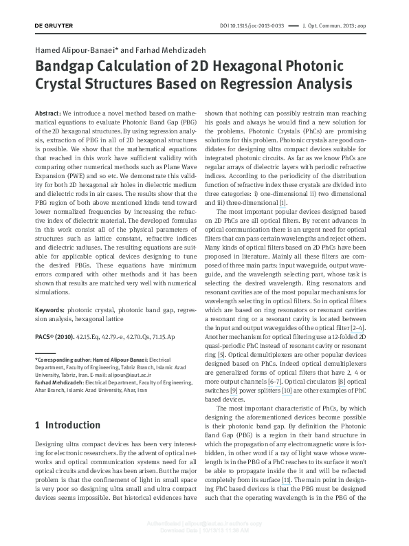 (PDF) Bandgap calculation of 2D hexagonal photonic crystal structures ...