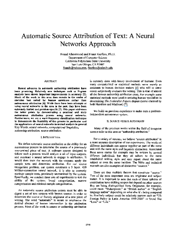 (PDF) Automatic source attribution of text: a neural networks approach
