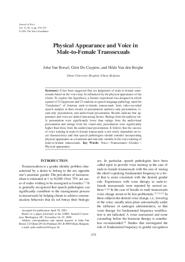 (PDF) Physical Appearance and Voice in Male-To-Female Transsexuals