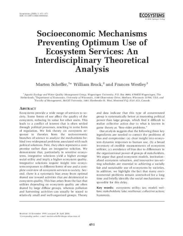 (PDF) Socioeconomic Mechanisms Preventing Optimum Use of Ecosystem ...