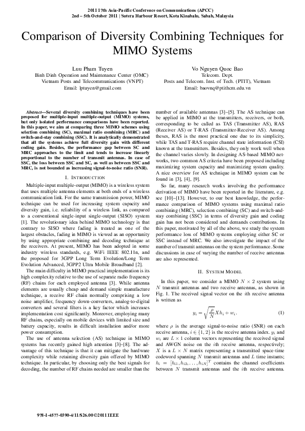 (PDF) Comparison of diversity combining techniques for MIMO systems