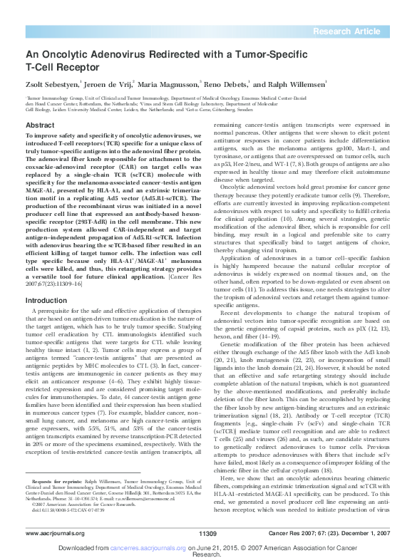 (PDF) An Oncolytic Adenovirus Redirected with a Tumor-Specific T-Cell ...