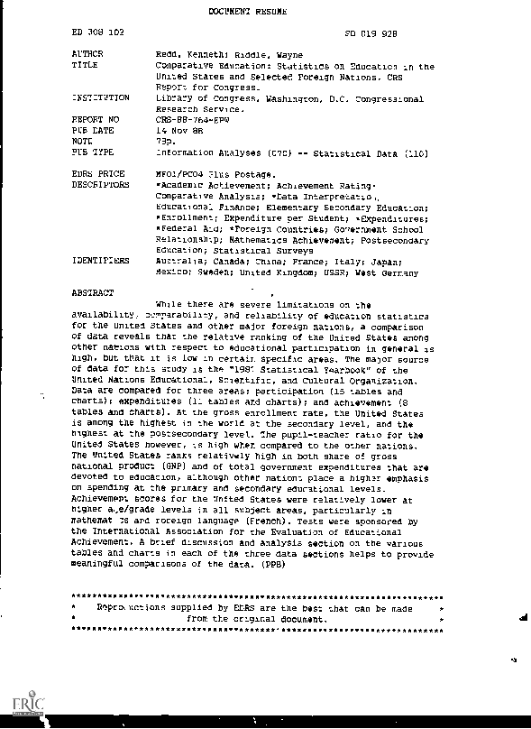 (PDF) Comparative Education Statistics on Education in the United