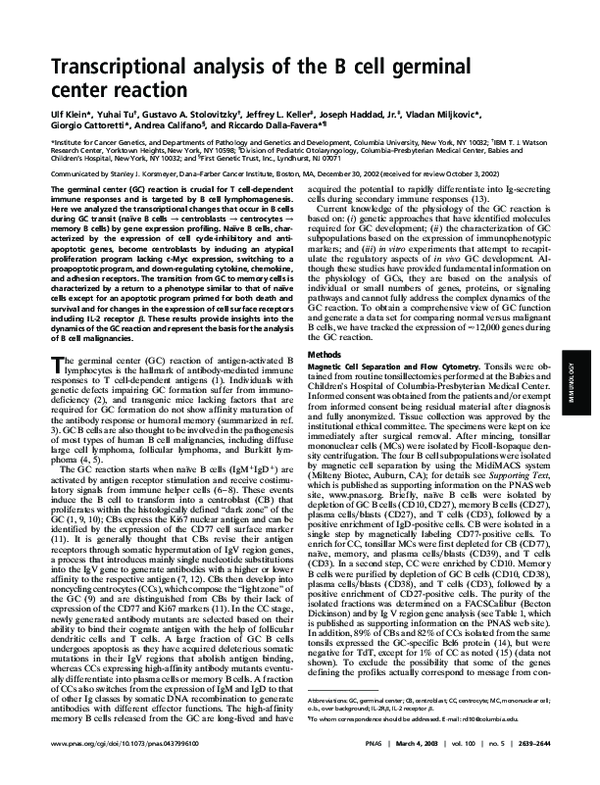 (PDF) Transcriptional analysis of the B cell germinal center reaction