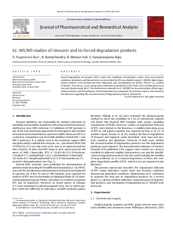 (PDF) LC–MS/MS studies of ritonavir and its forced degradation products