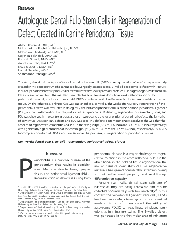 (PDF) Autologous Dental Pulp Stem Cells in Regeneration of Defect ...