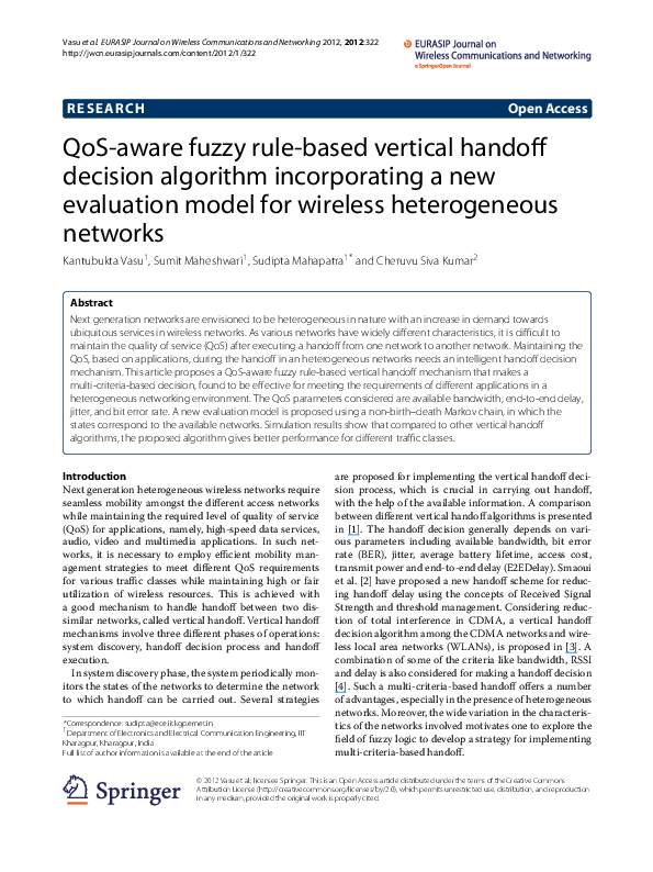 (PDF) QoS aware fuzzy rule based vertical handoff decision algorithm ...