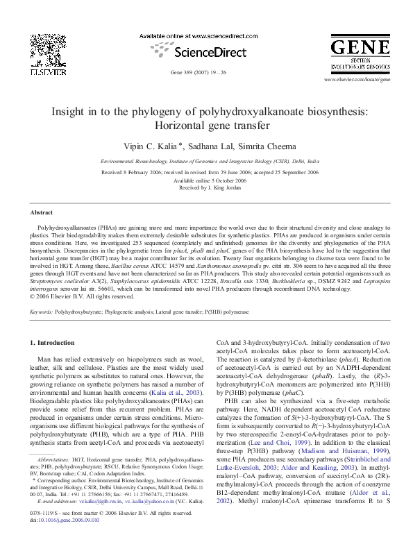 (PDF) Insight in to the phylogeny of polyhydroxyalkanoate biosynthesis ...