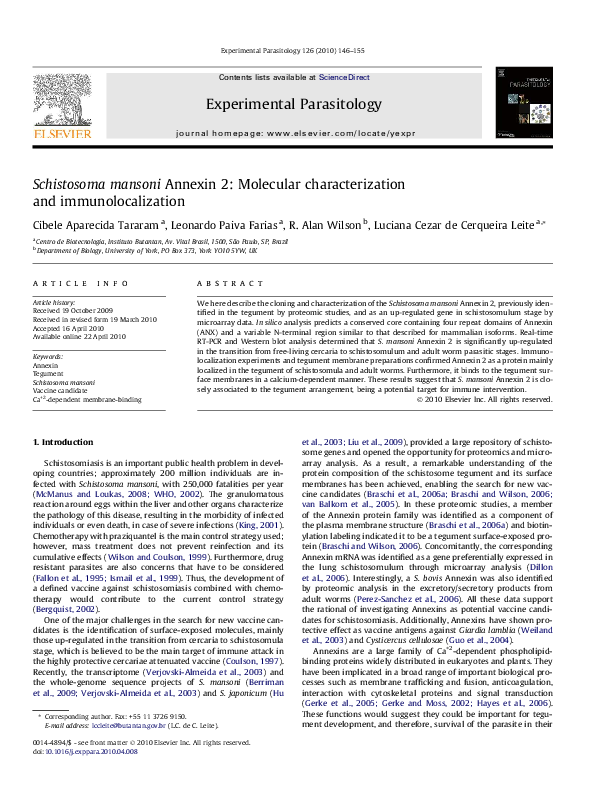 (PDF) Schistosoma mansoni Annexin 2: Molecular characterization and ...