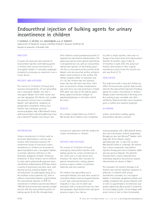 (PDF) Endourethral injection of bulking agents for urinary incontinence