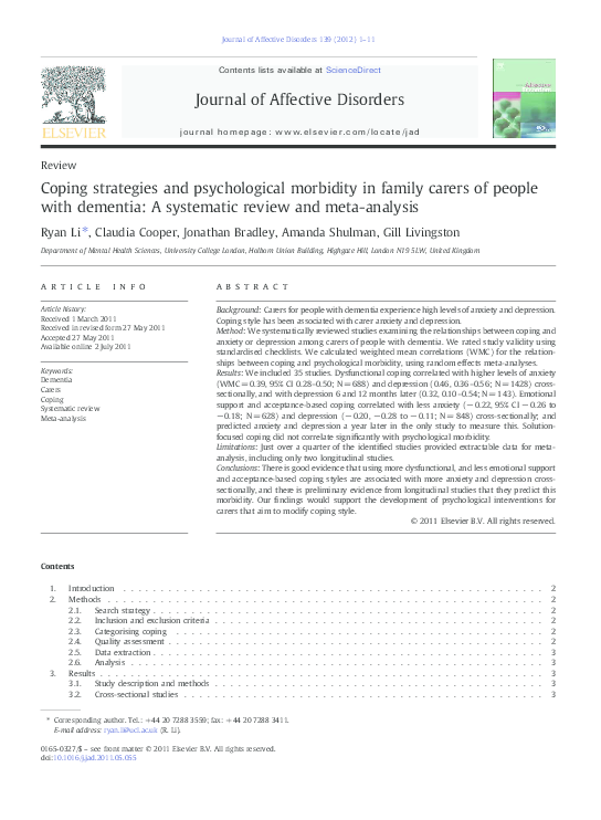 (PDF) Coping strategies and psychological morbidity in family carers of ...