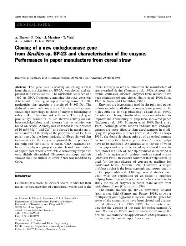 (PDF) Cloning of a new endoglucanase gene from Bacillus sp. BP23 and ...