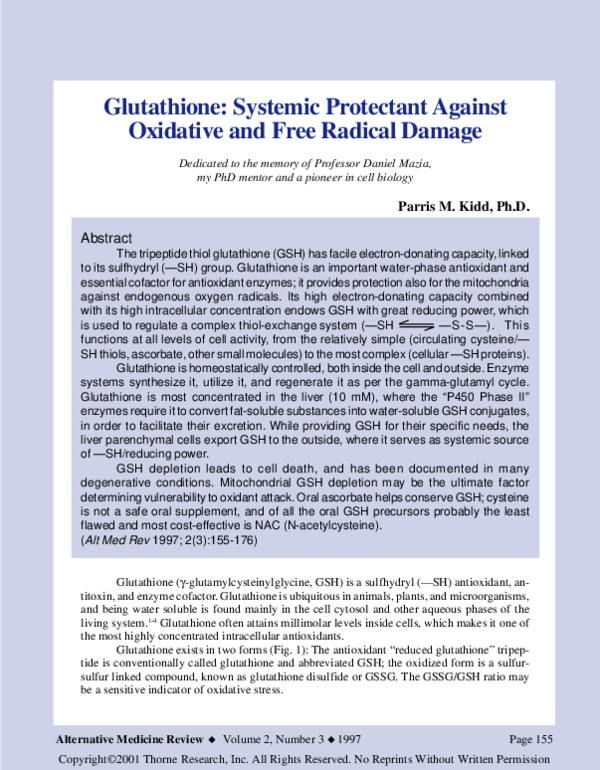 PDF) Glutathione: systemic protectant against oxidative and free radical  damage