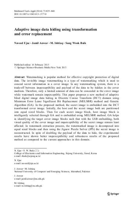 (PDF) Adaptive image data hiding using transformation and error replacement