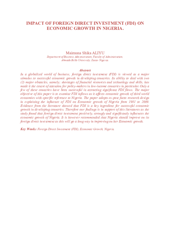 (DOC) IMPACT OF FOREIGN DIRECT INVESTMENT (FDI) ON ECONOMIC GROWTH IN ...