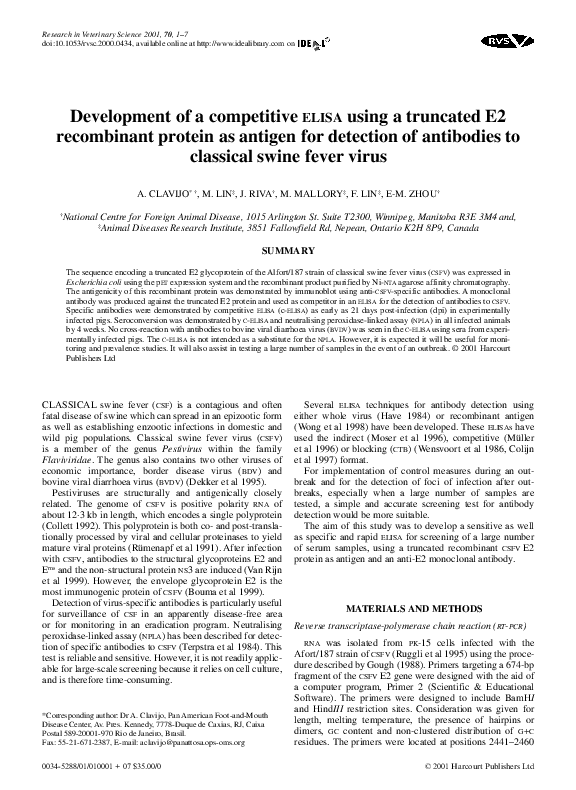 (PDF) Development of a competitive ELISA using a truncated E2 ...