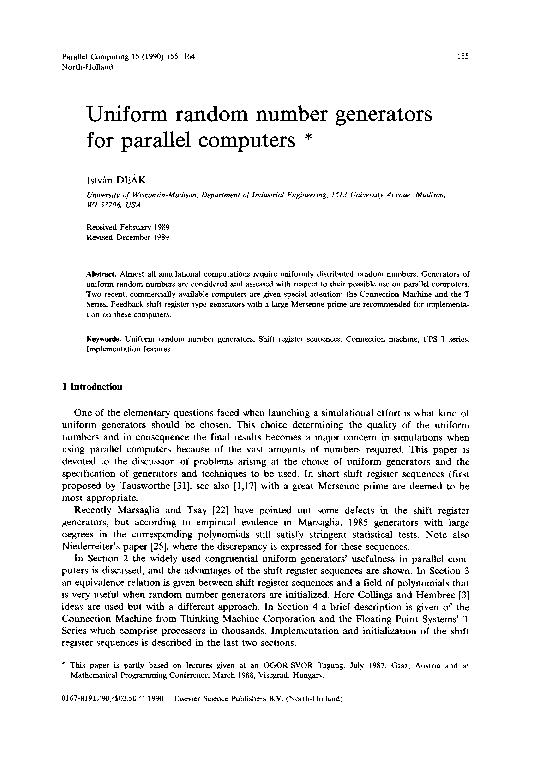 (PDF) Uniform random number generators for parallel computers