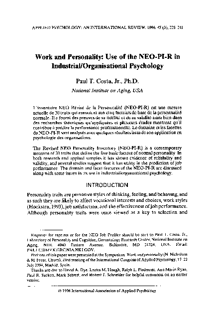 Pdf Work And Personality Use Of The Neo Pi R In Industrial Organisational Psychology Paul T Costa Academia Edu
