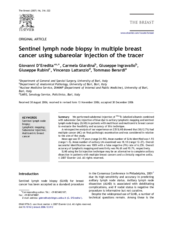 (PDF) Sentinel lymph node biopsy in multiple breast cancer using ...