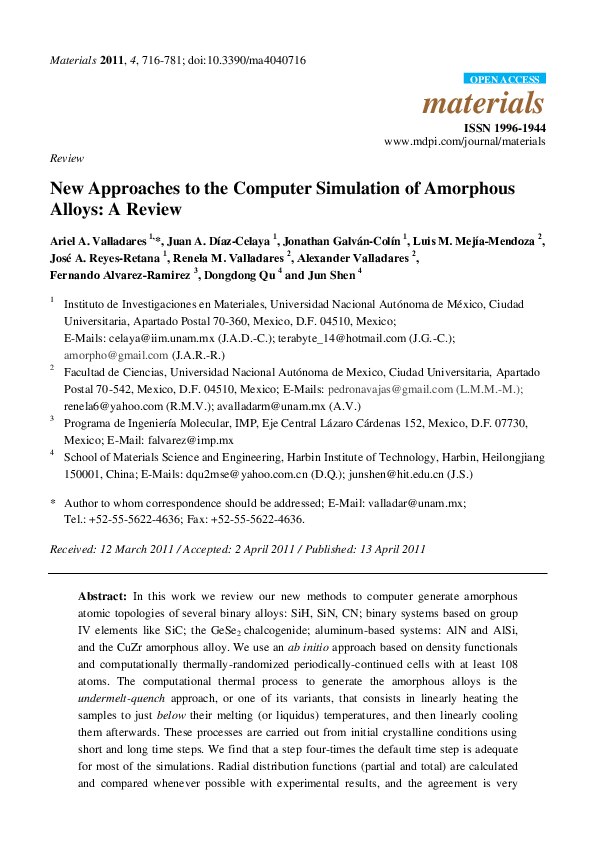 (PDF) New Approaches to the Computer Simulation of Amorphous Alloys: A ...