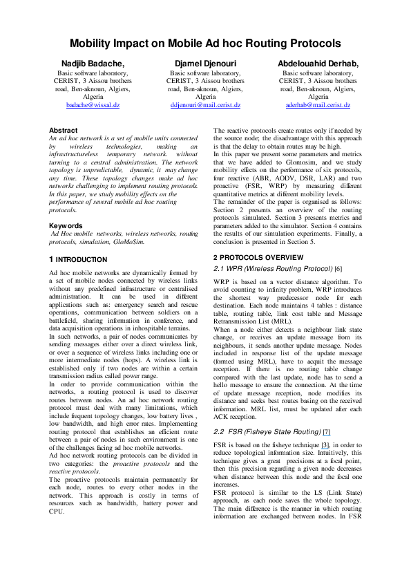 (PDF) Mobility impact on mobile ad hoc routing protocols