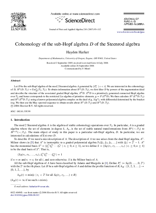 (PDF) Cohomology of the subHopf algebra D of the Steenrod algebra