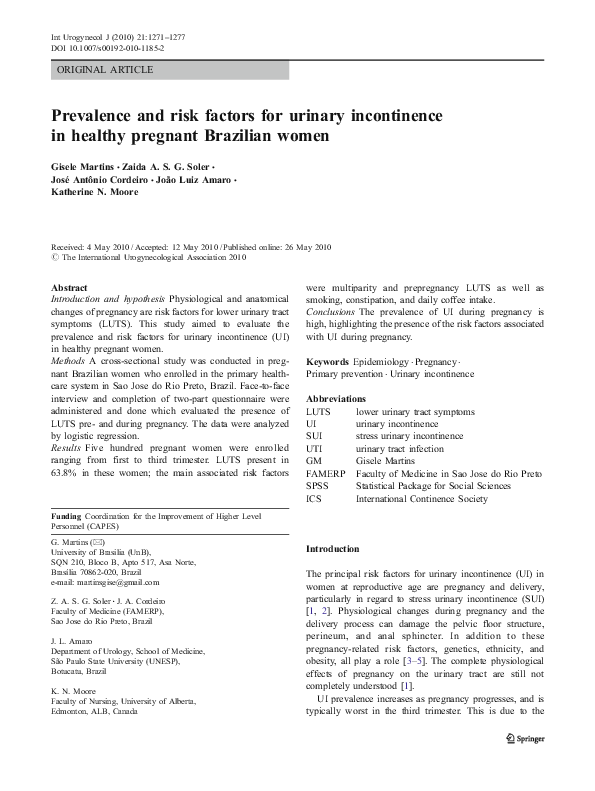 (PDF) Prevalence and risk factors for urinary incontinence in healthy ...