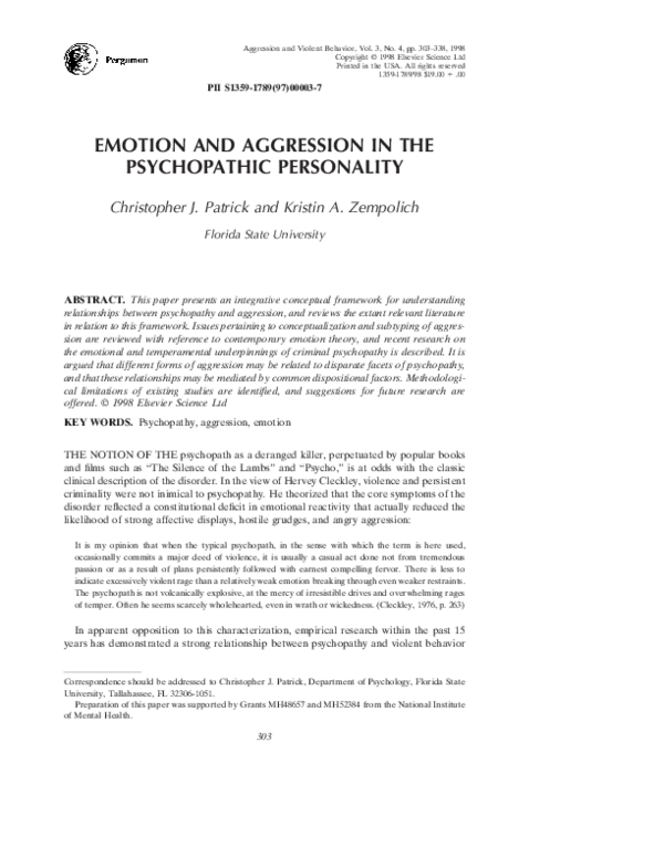 (PDF) Emotion and aggression in the psychopathic personality
