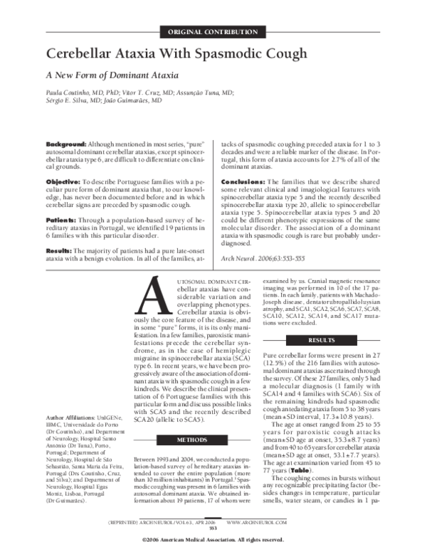 (PDF) Cerebellar Ataxia With Spasmodic Cough: A New Form of Dominant Ataxia