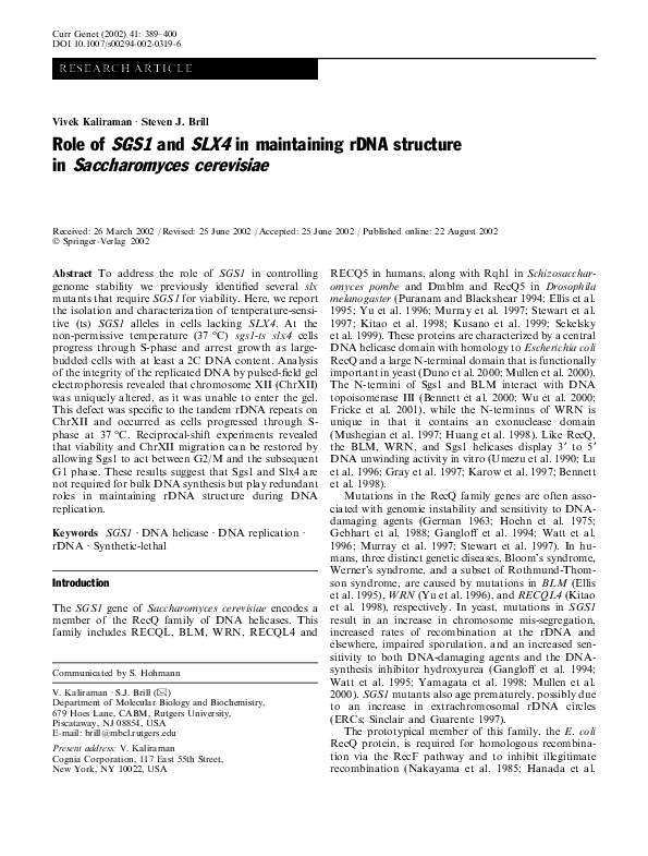(PDF) Role of SGS1 and SLX4 in maintaining rDNA structure in ...