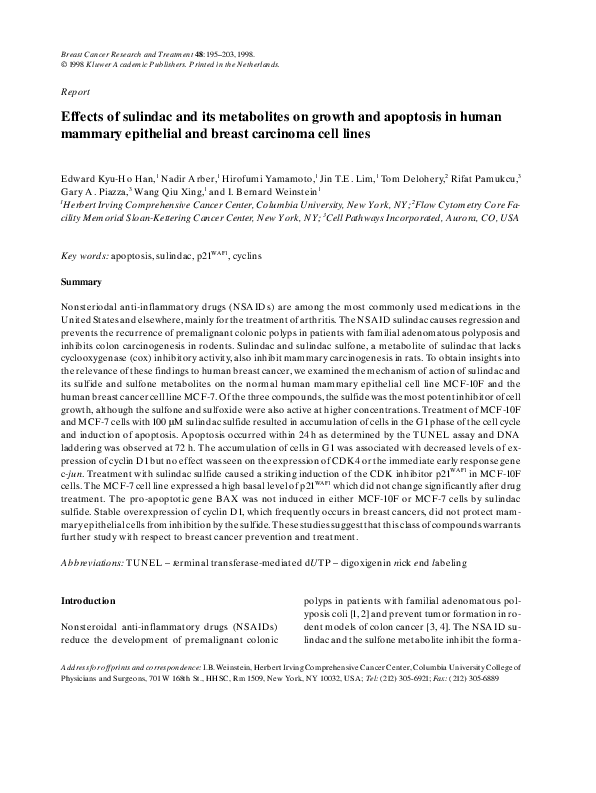 (PDF) Effects of sulindac and its metabolites on growth and apoptosis ...