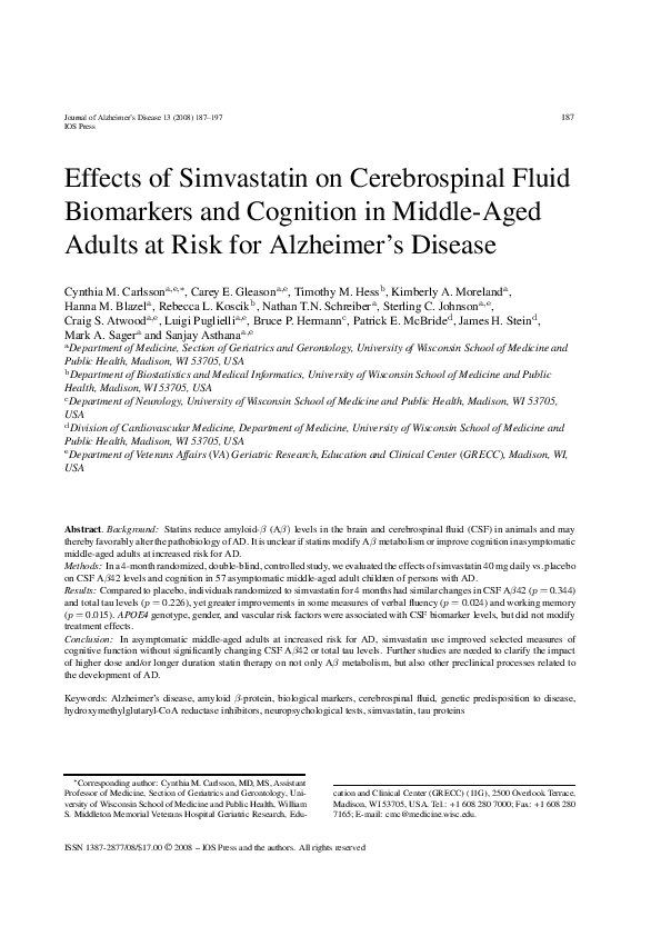 (PDF) Effects of Simvastatin on Cerebrospinal Fluid Biomarkers and ...