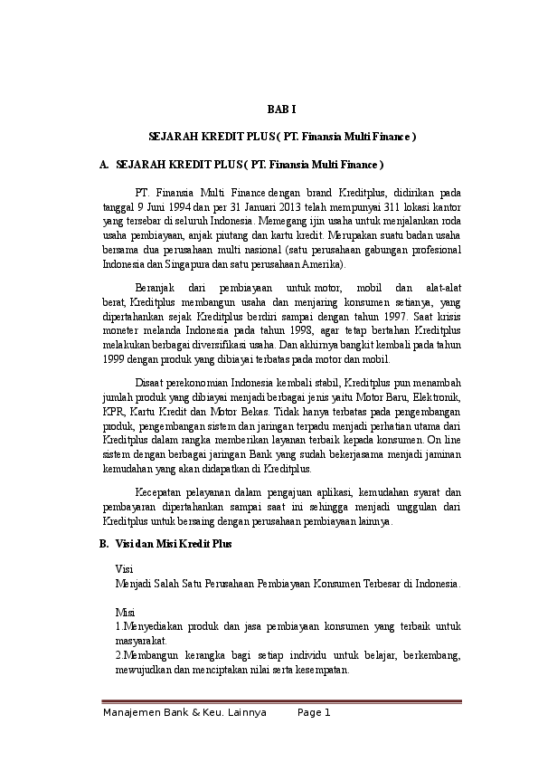 Doc Bab I Sejarah Kredit Plus Pt Finansia Multi Finance