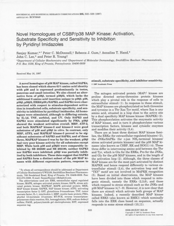 (PDF) Novel Homologues of CSBP/p38 MAP Kinase: Activation, Substrate ...