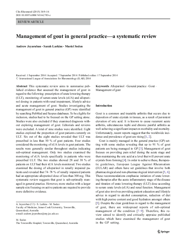 (PDF) Management of gout in general practice—a systematic review