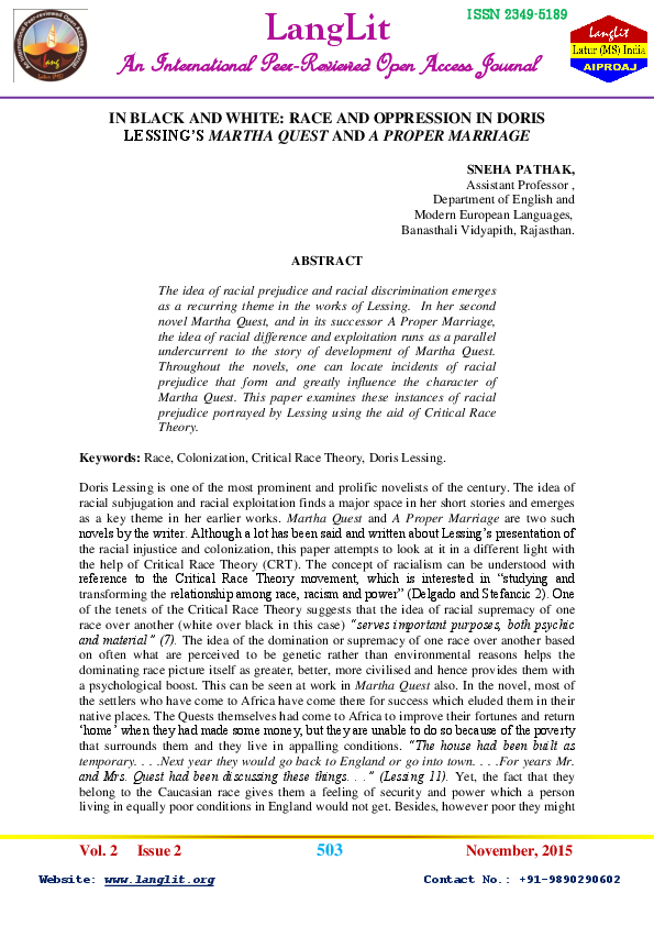 Pdf In Black And White Race And Oppression In Doris Lessing S Martha Quest And A Proper Marriage Sneha Pathak Academia Edu