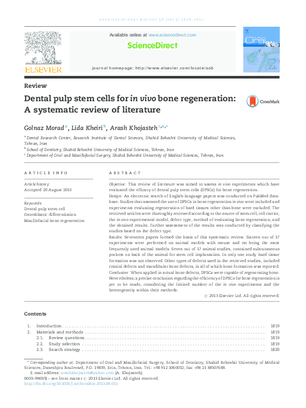 (PDF) Dental pulp stem cells for in vivo bone regeneration: A ...