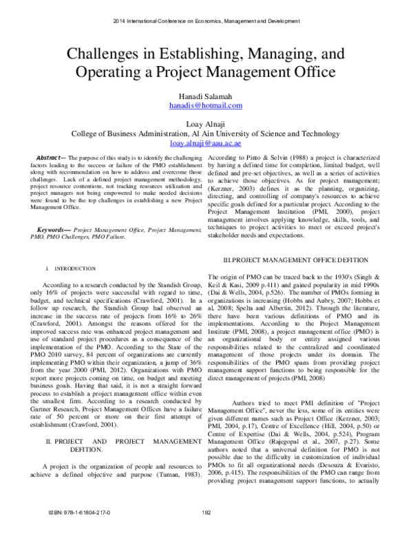 (PDF) Challenges in Establishing, Managing, and operating a project ...