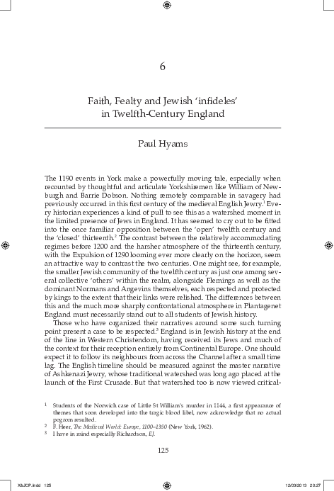 'Faith, Fealty, Lordship, and Jewish Infideles in Twelfth-Century England' in CHRISTIANS AND JEWS IN MEDIEVAL ENGLAND(Boydell and Brewer for The York Medieval Press: 2013), ed. Sarah Rees Jones, Sethina Watson, and Hugh Doherty, 168-202. (chap. 7).