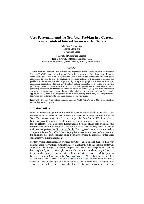 (PDF) User Personality and the New User Problem in a Context- Aware ...