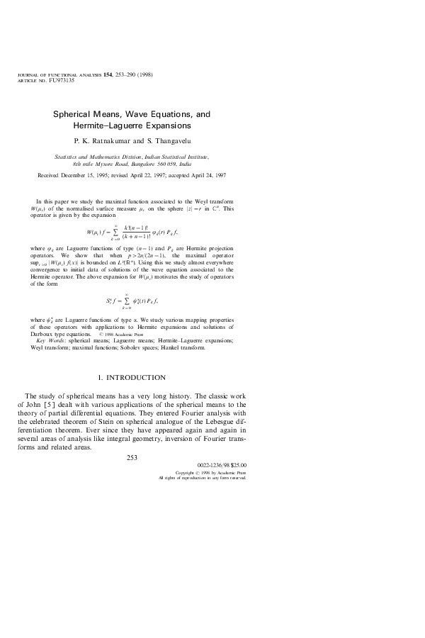 (PDF) Spherical Means, Wave Equations, and HermiteLaguerre Expansions Sundaram Thangavelu