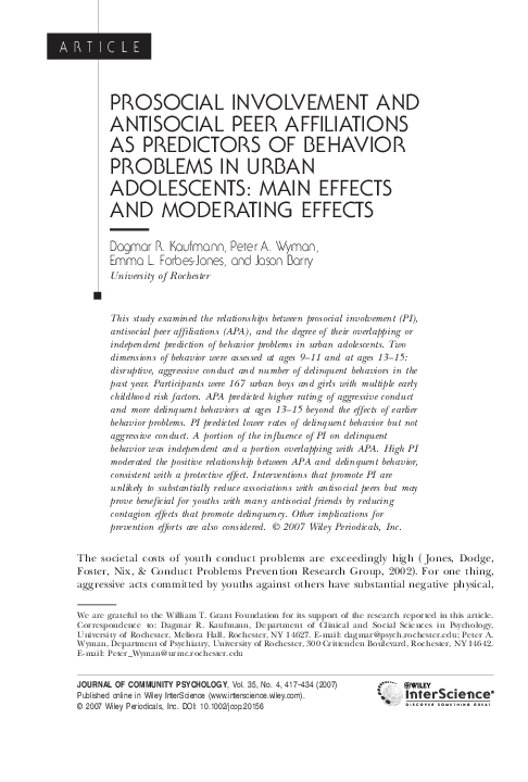 (PDF) Prosocial involvement and antisocial peer affiliations as ...
