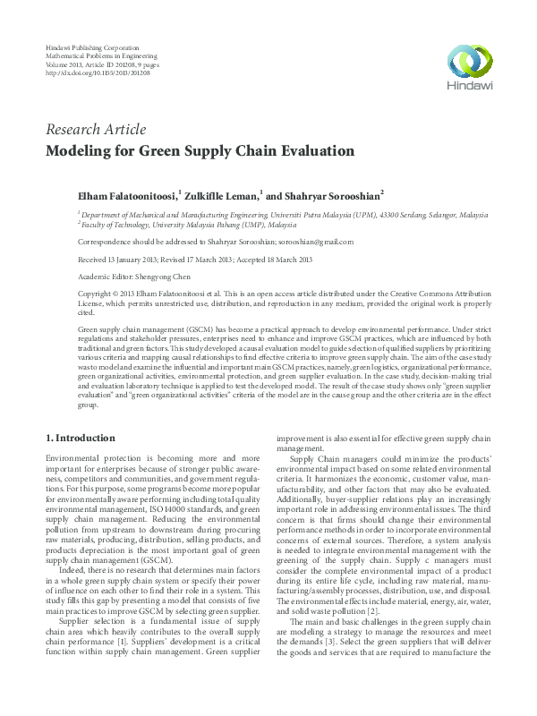 (PDF) Modeling for Green Supply Chain Evaluation
