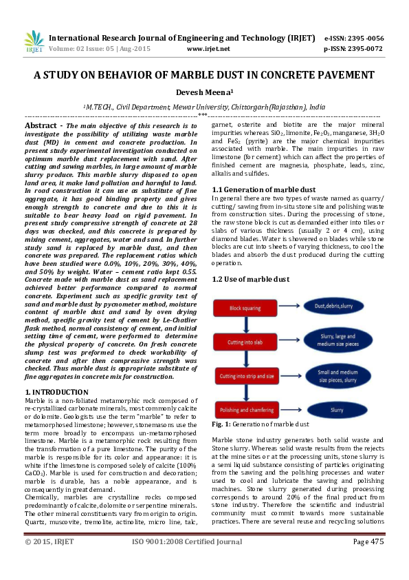 (PDF) A STUDY ON BEHAVIOR OF MARBLE DUST IN CONCRETE PAVEMENT ARTHANA