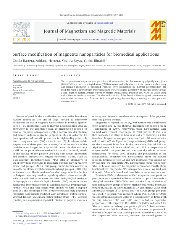 (PDF) Surface modification of magnetite nanoparticles for biomedical ...