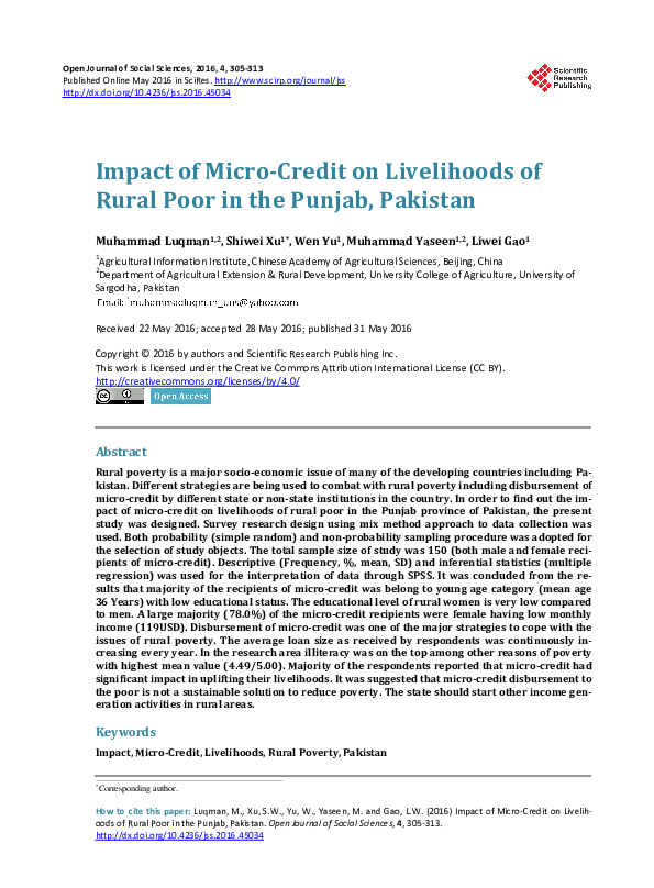 (PDF) Impact of Micro-Credit on Livelihoods of Rural Poor in the Punjab ...